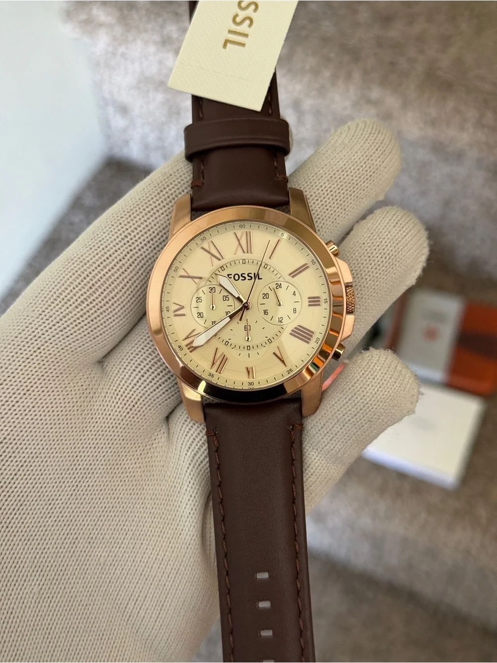 Fossil Rose Gold and Brown Leather Chronograph Watch Mens